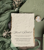 WEDDING INVITATIONS embossed invites  Bespoke Embossed Blind Sage green Gold Wedding Invitation, Golden greenery deboss Roses Floral Wedding Invitation, Boho Ecru Garden Debossed Invitation suite,  Cotton paper wedding invitation suite, Deckled Edge Invites, Torn Edge Wedding Invitations golden33