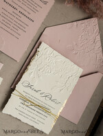 WEDDING INVITATIONS embossed invites  Bespoke Embossed Blind Ivory Gold Wedding Invitation, Golden deboss Roses Floral Wedding Invitation, Boho Ecru Blush Pink Debossed Invitation suite,  Cotton paper wedding invitation suite, Deckled Edge Invites, Torn Edge Wedding Invitations golden19