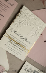 WEDDING INVITATIONS embossed invites  Bespoke Embossed Blind Ivory Gold Wedding Invitation, Golden deboss Roses Floral Wedding Invitation, Boho Ecru Blush Pink Debossed Invitation suite,  Cotton paper wedding invitation suite, Deckled Edge Invites, Torn Edge Wedding Invitations golden19