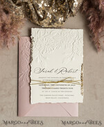 WEDDING INVITATIONS embossed invites  Bespoke Embossed Blind Ivory Gold Wedding Invitation, Golden deboss Roses Floral Wedding Invitation, Boho Ecru Blush Pink Debossed Invitation suite,  Cotton paper wedding invitation suite, Deckled Edge Invites, Torn Edge Wedding Invitations golden19