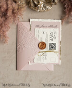 WEDDING INVITATIONS embossed invites  Bespoke Embossed Blind Ivory Gold Wedding Invitation, Golden deboss Roses Floral Wedding Invitation, Boho Ecru Blush Pink Debossed Invitation suite,  Cotton paper wedding invitation suite, Deckled Edge Invites, Torn Edge Wedding Invitations golden19