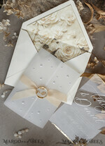 WEDDING INVITATIONS plexi acrylic mirror Ivory Beaded Wrapping Wedding Invitations, Elegant Clear Acrylic Wedding Cards, Plexi Transparent Wedding Invites, Wedding Invitation Suite with Pearls21