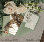 WEDDING INVITATIONS plexi acrylic mirror Sage Green Mirror gold Wedding Invitations, Elegant Garden Wedding Cards, Greenery Acrylic  Wedding Invites, Mirror Gold Plexi Wedding Invitation Suite28
