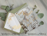 SAVE THE DATES photo vellum plexi  sage green Gold eucalyptus Save the Date Cards with Photo, Vellum Save Our Dates with Photo Gold Foil Calendar Cards 10