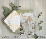 SAVE THE DATES photo vellum plexi  sage green Gold eucalyptus Save the Date Cards with Photo, Vellum Save Our Dates with Photo Gold Foil Calendar Cards 10