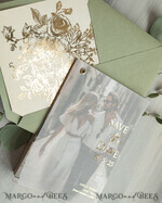 SAVE THE DATES photo vellum plexi  sage green Gold wild flowers Save the Date Cards with Photo, Vellum Save Our Dates with Photo Gold Foil Calendar Cards 11