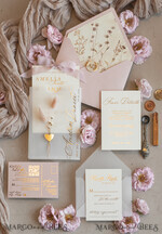 WEDDING INVITATIONS whimsical boho invites Whimsical Blush Gold Wedding Invitation with vellum etui natural dierd flowers pampass gras, Garden Elegant Floral Wedding Invitation with mirror gold heart35