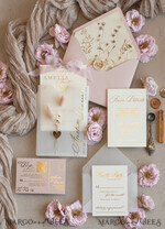 WEDDING INVITATIONS whimsical boho invites Whimsical Blush Gold Wedding Invitation with vellum etui natural dierd flowers pampass gras, Garden Elegant Floral Wedding Invitation with mirror gold heart35