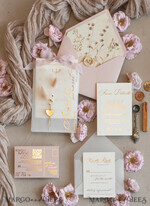 WEDDING INVITATIONS whimsical boho invites Whimsical Blush Gold Wedding Invitation with vellum etui natural dierd flowers pampass gras, Garden Elegant Floral Wedding Invitation with mirror gold heart35