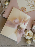 WEDDING INVITATIONS whimsical boho invites Folder Blush Gold Wedding Invitation with chiffon torn bow and natural dried flowers, Golden Elegant Roses Floral Wedding Invitation with golden mirror heart27