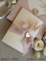 WEDDING INVITATIONS whimsical boho invites Folder Blush Gold Wedding Invitation with chiffon torn bow and natural dried flowers, Golden Elegant Roses Floral Wedding Invitation with golden mirror heart27