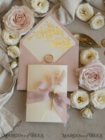 WEDDING INVITATIONS whimsical boho invites Folder Blush Gold Wedding Invitation with chiffon torn bow and natural dried flowers, Golden Elegant Roses Floral Wedding Invitation with golden mirror heart27
