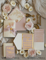 WEDDING INVITATIONS whimsical boho invites Folder Blush Gold Wedding Invitation with chiffon torn bow and natural dried flowers, Golden Elegant Roses Floral Wedding Invitation with golden mirror heart27