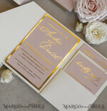 WEDDING INVITATIONS whimsical boho invites Folder Blush Gold Wedding Invitation with chiffon torn bow and natural dried flowers, Golden Elegant Roses Floral Wedding Invitation with golden mirror heart27