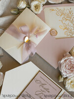 WEDDING INVITATIONS whimsical boho invites Folder Blush Gold Wedding Invitation with chiffon torn bow and natural dried flowers, Golden Elegant Roses Floral Wedding Invitation with golden mirror heart27