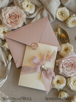 WEDDING INVITATIONS whimsical boho invites Folder Blush Gold Wedding Invitation with chiffon torn bow and natural dried flowers, Golden Elegant Roses Floral Wedding Invitation with golden mirror heart27