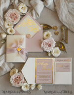WEDDING INVITATIONS whimsical boho invites Folder Blush Gold Wedding Invitation with chiffon torn bow and natural dried flowers, Golden Elegant Roses Floral Wedding Invitation with golden mirror heart27