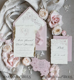 WEDDING INVITATIONS whimsical boho invites Vintage Floral Crest Monogram Blush Wedding Invitation with chiffon torn bow,  French Provence Garden Elegant Floral Wedding Invitation suite Deckled Torn edges , Elegant Toile de Jouy & Baroque Invitation set 13