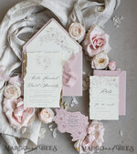 WEDDING INVITATIONS whimsical boho invites Vintage Floral Crest Monogram Blush Wedding Invitation with chiffon torn bow,  French Provence Garden Elegant Floral Wedding Invitation suite Deckled Torn edges , Elegant Toile de Jouy & Baroque Invitation set 13