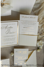 WEDDING INVITATIONS whimsical boho invites Folder Ivory Gold Wedding Invitation with chiffon torn bow and natural dried flowers , Golden Elegant Roses Floral Wedding Invitation with golden mirror heart20