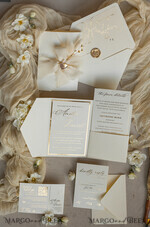 WEDDING INVITATIONS whimsical boho invites Folder Ivory Gold Wedding Invitation with chiffon torn bow and natural dried flowers , Golden Elegant Roses Floral Wedding Invitation with golden mirror heart20