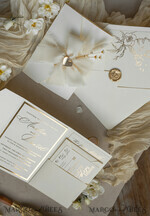 WEDDING INVITATIONS whimsical boho invites Folder Ivory Gold Wedding Invitation with chiffon torn bow and natural dried flowers , Golden Elegant Roses Floral Wedding Invitation with golden mirror heart20