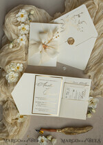 WEDDING INVITATIONS whimsical boho invites Folder Ivory Gold Wedding Invitation with chiffon torn bow and natural dried flowers , Golden Elegant Roses Floral Wedding Invitation with golden mirror heart20