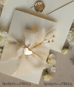 WEDDING INVITATIONS whimsical boho invites Folder Ivory Gold Wedding Invitation with chiffon torn bow and natural dried flowers , Golden Elegant Roses Floral Wedding Invitation with golden mirror heart20