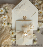 WEDDING INVITATIONS whimsical boho invites Folder Ivory Gold Wedding Invitation with chiffon torn bow and natural dried flowers , Golden Elegant Roses Floral Wedding Invitation with golden mirror heart20