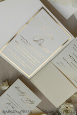 WEDDING INVITATIONS whimsical boho invites Folder Ivory Gold Wedding Invitation with chiffon torn bow and natural dried flowers , Golden Elegant Roses Floral Wedding Invitation with golden mirror heart20