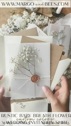 WEDDING INVITATIONS rustic / country / shabby chick Rustic Wedding Invitations Uk Real Gypsophila Vellum Wrap with Wax Seal Baby Breath Flowers on HandMade Envelope11
