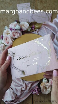 DATEN MERKEN Acrylgoldmagnete Personalisierte goldene und zartrosa Save the Date, sechseckiger Acrylmagnet, goldene elegante Hochzeits-Save the Dates3