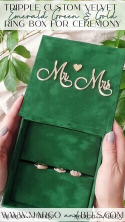 RINGTRÄGERBOXEN & KISSEN Samtkästchen für den Trauungszeremonie Grüne goldene Samt-Ringbox für die Zeremonie, Ringbox für die Hochzeitszeremonie 3 Ringe Samt, Boho Glam Hochzeitsringboxen für ihn und sie, Luxuriöse Samt-Ringbox doppelt, maßgeschneiderte Farben.11