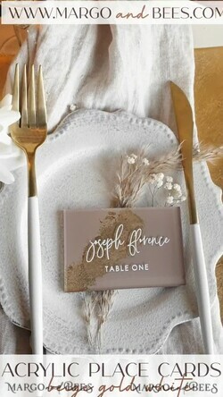 PLACE CARDS / TABLE CARDS Acrylic Gold Clear / Wood 3D Acrylic Beige place cards with stand, Clear Acrylic and gold place cards, Nude Taupe Gold Plexi place cards, Tan Luxury Wedding Table Decor place cards, Earthy Wedding Signage Golden mirror place cards15