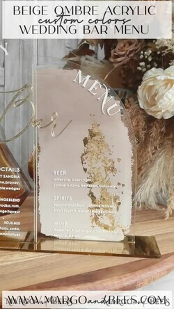 TABLE DECOR SIGNS Acrylic table decor Numbers Acrylic Arch Ombre Beige Bar Menu, Clear Acrylic And Gold Bar Menu, Nude Taupe Gold Plexi Drink Bar Menu, Tan Luxury Wedding Drink Bar Table Decor, Earthy Wedding Signage Golden Mirror Bar Menu18