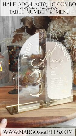 TABLE DECOR SIGNS Acrylic table decor Numbers Acrylic Half Arch Table Number and menu Combo, Clear and Frozen Acrylic gold Sign, Gold Plexi Table Number and Menu Combo Luxury Wedding Table Decor, Wedding Signage22