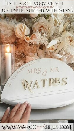 TABLE DECOR SIGNS Velvet table Numbers and Decor Golden Acrylic Top Table Mr Mrs signs with stand, Ivory Velvet & gold Table Sign, Golden Plexi Top Table Mr Mrs signs, Luxury Wedding Table Decor Centerpieces19