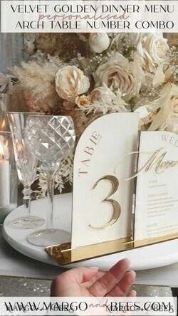 TABLE DECOR SIGNS Velvet table Numbers and Decor Acrylic Arch Table Number & dinner menu Combo, Velvet Ivory Acrylic gold Sign, Gold Ivory Plexi Velvet Table Numbers & Menu Combo Luxury Wedding Table Decor, Wedding Signage Golden mirror table numbers & Menu22