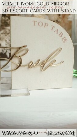 PLACE CARDS / TABLE CARDS Acrylic Gold Clear / Wood 3D Ivory Wedding Place Cards, Modern half arch Velvet Acrylic Place card with stand, Wedding seat gold Cards, Velvet Mirror gold Name Card, Editable Text9