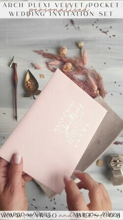 WEDDING INVITATIONS Elegant Invites Classic Cards Arch Plexi Glass Wedding Invitation suite, Blush Pink Golden Wedding Invitations with Rsvp Velvet Pocket, Acrylic Modern Wedding Cards18