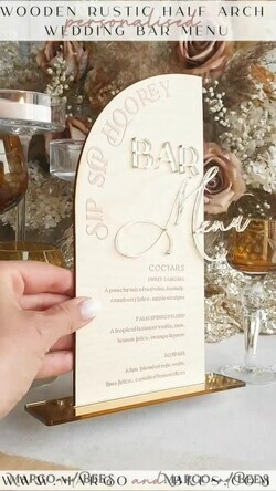 TISCHDEKORATIONSCHILDER   Holz Eco Rustikale Tischnummern Acryl-Bogen-Bar-Menü, gold Plexi Elfenbein Samt Getränkebar-Menü-Schild mit Ständer, beige Plexi Tisch-Bar-Menü Luxus Hochzeits Tischdeko, Hochzeitsbeschilderung Ecru Getränkebar-Menü11