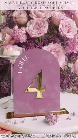 TABLE DECOR SIGNS Velvet table Numbers and Decor Mauve Acrylic Arch Table Number, Dusty Rose Velvet Table Sign, Gold Plexi Velvet Table Numbers in Dusty Blue, Purple Wedding Table Number with stand 15