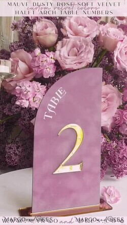TABLE DECOR SIGNS Velvet table Numbers and Decor Mauve Velvet Table Number, Gold Acrylic Half Arch Table Sign, Dusty Rose Velvet Wedding Table Number with stand, Gold Plexi  Purple Table numbers MvS12