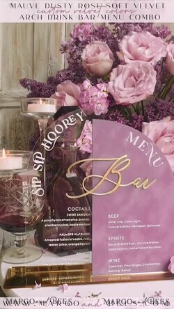 TABLE DECOR SIGNS Velvet table Numbers and Decor Mauve Velvet Bar Menu, Acrylic Half Arch Table List of drinks, Acrylic Dusty Rose Drinks combo, Purple Golden Velvet Table Sign with stand MvS20