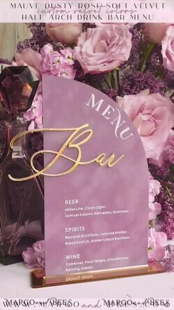 TABLE DECOR SIGNS Velvet table Numbers and Decor Acrylic Arch Bar Menu, gold Plexi Mauve Velvet Drink Bar Menu Sign with Stand, Dusty Rose Table Bar Menu, half Arched Wedding Table Decor, Purple drink Bar Menu 12