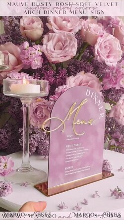 TABLE DECOR SIGNS Velvet table Numbers and Decor Acrylic & Velvet Arch Dinner Menu, gold Plexi Mauve Wedding Menu Sign with Stand, Dusty Rose Plexi Table Dinner Menu Luxury Purple Wedding Table Decor10