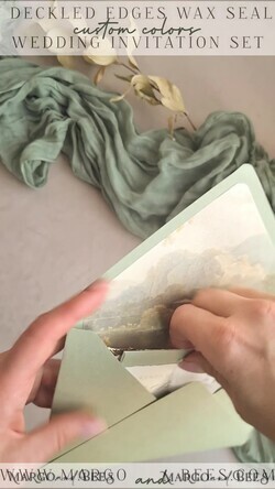 HOCHZEITS EINLADUNGEN moderne Kalligraphie / feine Kunst Fine Art Gold & Salbeigrüne Hochzeits Einladung, Samt goldene Kanten Hochzeits Einladungen, Vintage Gold Einladungen Set, Zerfledderte Kanten Hochzeits Einladung mit RSVP11
