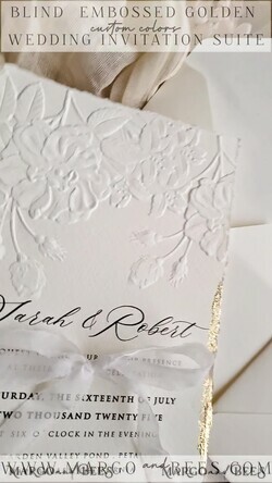 WEDDING INVITATIONS embossed invites  Fine Art Embossed  Blind Ivory Gold Wedding Invitation, Golden deboss Roses Floral Wedding Invitation, Boho Ecru Debossed Invitation suite,  Cotton paper wedding invitation suite, Deckled Edge Invites, Torn Edge Wedding Invitations golden10