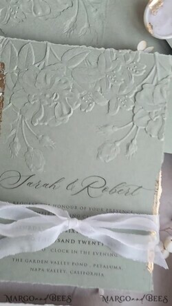 WEDDING INVITATIONS embossed invites  Bespoke Embossed Blind Sage green Gold Wedding Invitation, Golden greenery deboss Roses Floral Wedding Invitation, Boho Ecru Garden Debossed Invitation suite,  Cotton paper wedding invitation suite, Deckled Edge Invites, Torn Edge Wedding Invitations golden33
