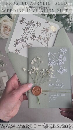 WEDDING INVITATIONS plexi acrylic mirror Sage Green Frozen Transparent Baby Breath Wedding Invitations, Elegant Garden Gypsophila Wedding Cards, Greenery Acrylic  Wedding Invites, Frosted Plexi Wedding Invitation Suite22